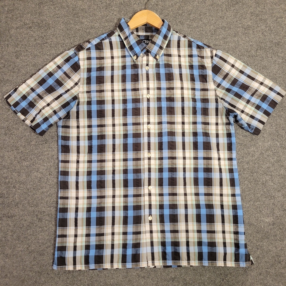 Chaps Performance Plaid Short Sleeve Button Down Shirt Blue Gray Black Large